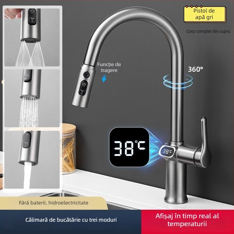 Robinet de bucătărie retractabil, corp din aliaj de cupru, ventile cu disc ceramic, montaj pe bază, stil modern minimalist