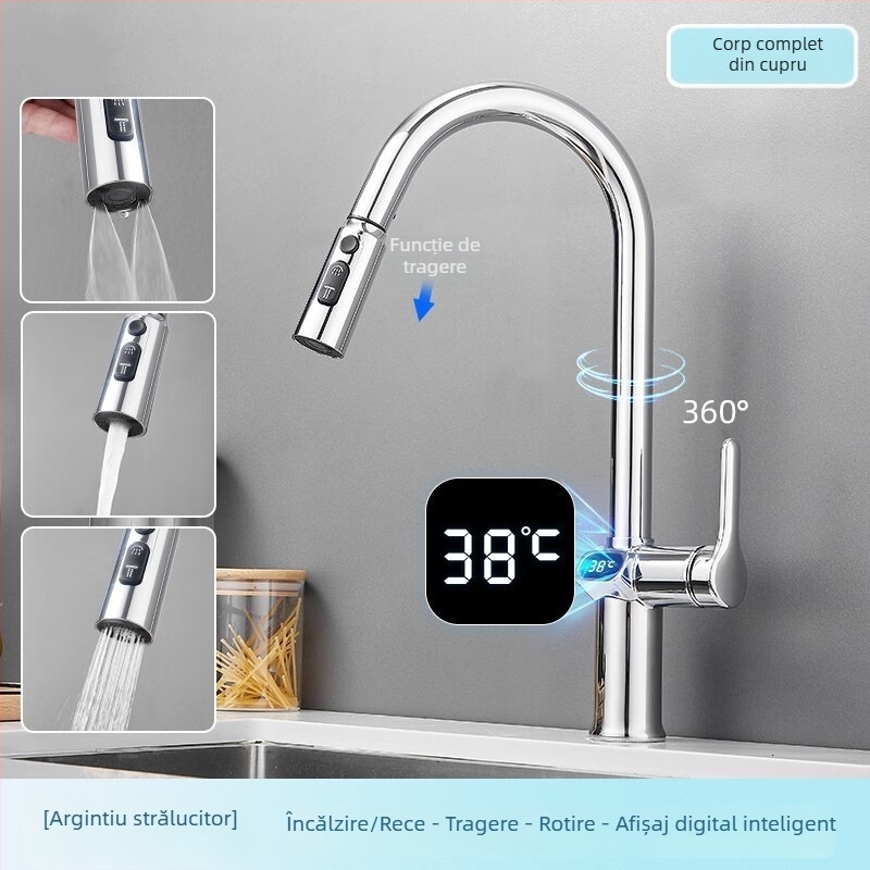 Robinet de bucătărie retractabil, corp din aliaj de cupru, ventile cu disc ceramic, montaj pe bază, stil modern minimalist