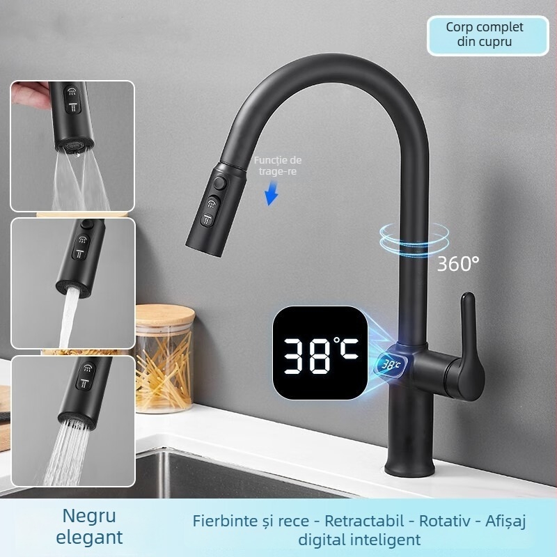 Robinet de bucătărie retractabil, corp din aliaj de cupru, ventile cu disc ceramic, montaj pe bază, stil modern minimalist