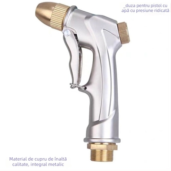 Pistol de pulverizare din cupru cu cap de duș din alamă, conectori 1/4\" și 1/2\", intrare/ieșire 21 mm, presiune nominală 30 kg, temperatură de lucru 100°C