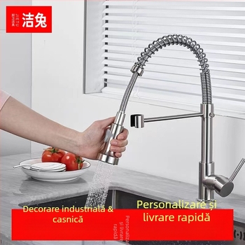 Robinet de bucătărie din cupru, cu tragere, rotativ, nucleu ceramic al ventilului, montaj la stânga, finisaj electrogalvanic