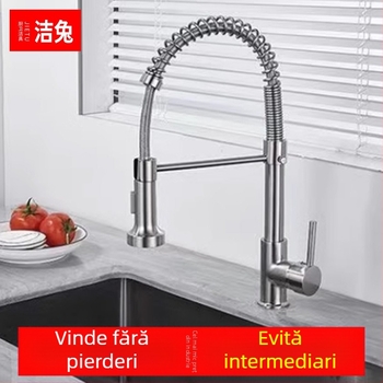 Robinet de bucătărie din cupru, cu tragere, rotativ, nucleu ceramic al ventilului, montaj la stânga, finisaj electrogalvanic