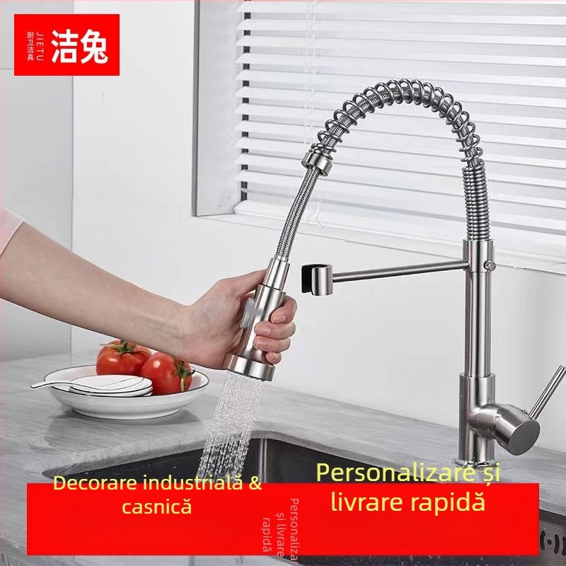 Robinet de bucătărie din cupru, cu tragere, rotativ, nucleu ceramic al ventilului, montaj la stânga, finisaj electrogalvanic