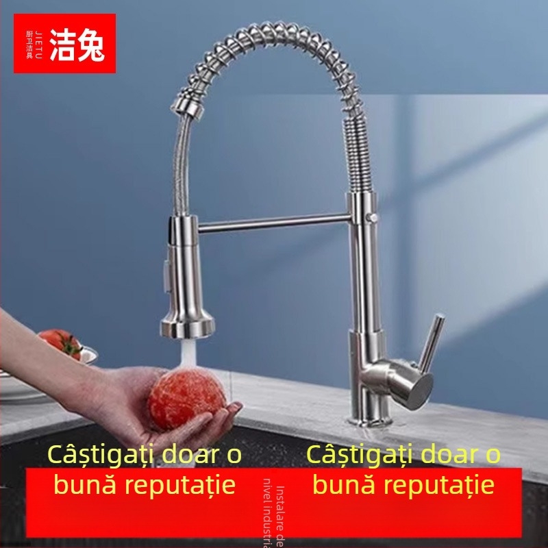 Robinet de bucătărie din cupru, cu tragere, rotativ, nucleu ceramic al ventilului, montaj la stânga, finisaj electrogalvanic