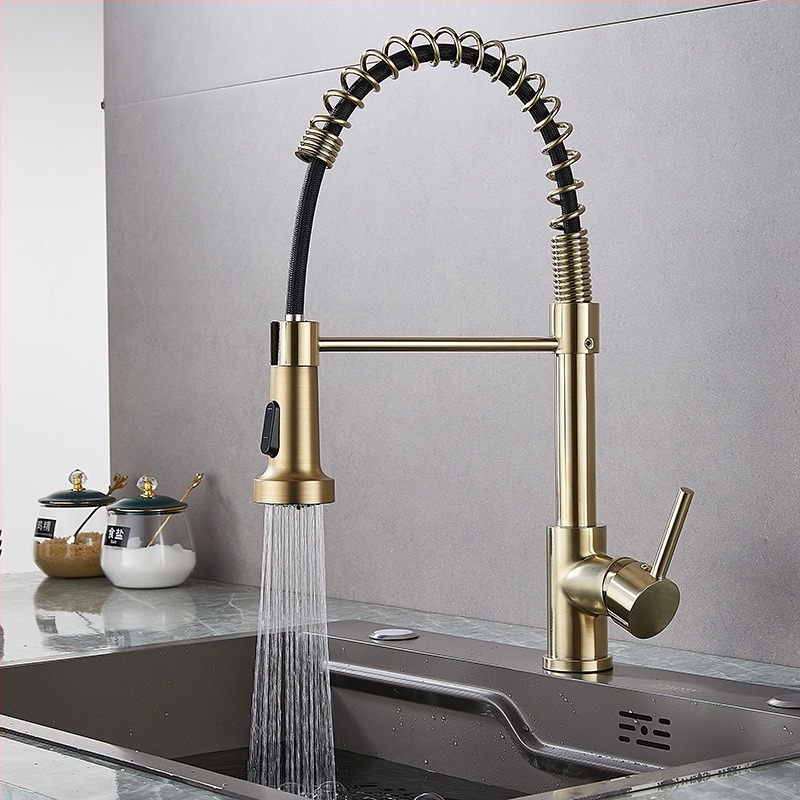 Robinet de bucătărie din cupru, cu tragere, rotativ, nucleu ceramic al ventilului, montaj la stânga, finisaj electrogalvanic