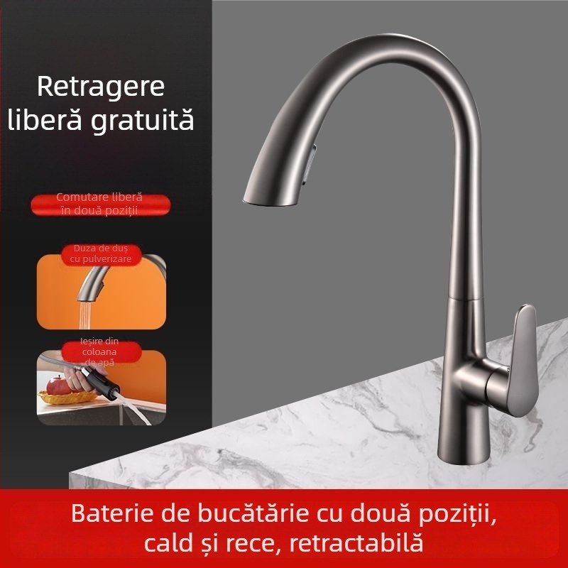 Robinet de bucătărie retractabil din cupru, model H2203, robinet mixt cu funcție retractabilă, apă caldă și rece, 5–80°C, presiune nominală 0,8 MPa