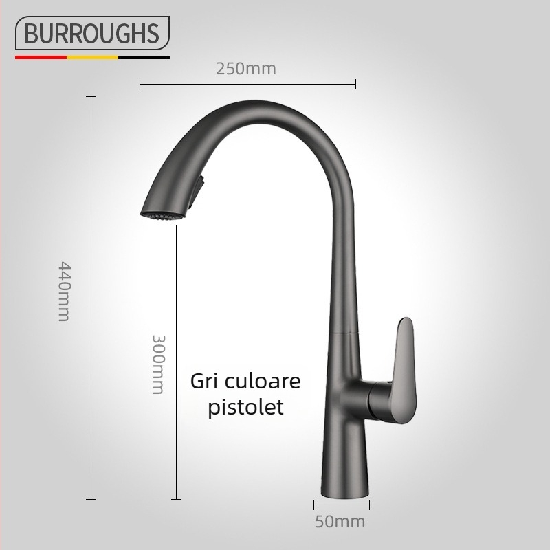 Robinet de bucătărie retractabil din cupru, model H2203, robinet mixt cu funcție retractabilă, apă caldă și rece, 5–80°C, presiune nominală 0,8 MPa