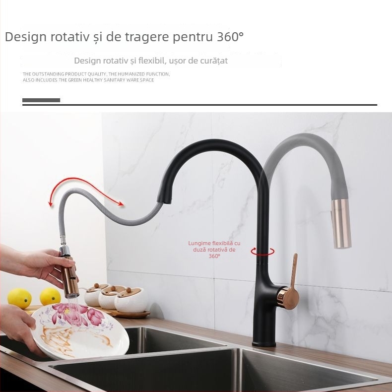 Nuofen robinet bucătărie din cupru – retractabil și rotativ, cu moduri multiple de flux, cartuș ceramic, aliaj de cupru