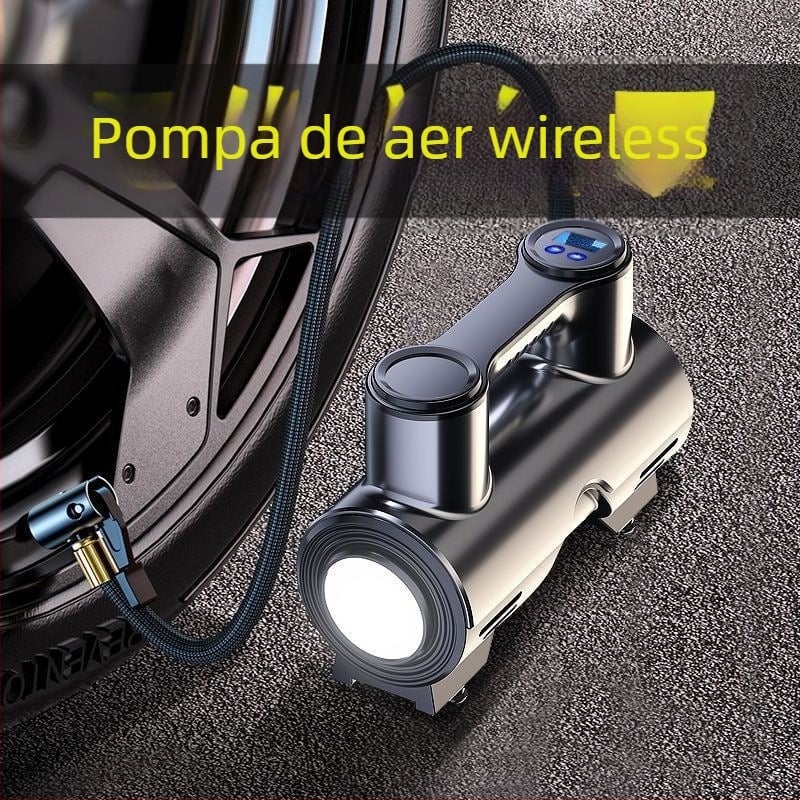 Pompă de aer auto, fără fir, multifuncțională, puternică, portabilă, cu afișaj digital, 120 W, construcție cu două sau mai multe cilindri, lumină de avertizare, timp de funcționare continuu 1–5 minute