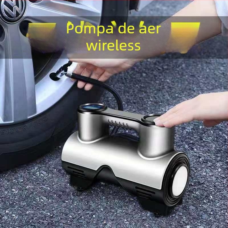 Pompă de aer auto, fără fir, multifuncțională, puternică, portabilă, cu afișaj digital, 120 W, construcție cu două sau mai multe cilindri, lumină de avertizare, timp de funcționare continuu 1–5 minute