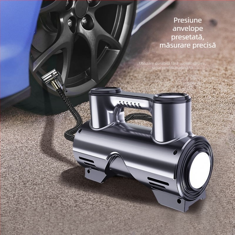 Pompă de aer auto, fără fir, multifuncțională, puternică, portabilă, cu afișaj digital, 120 W, construcție cu două sau mai multe cilindri, lumină de avertizare, timp de funcționare continuu 1–5 minute