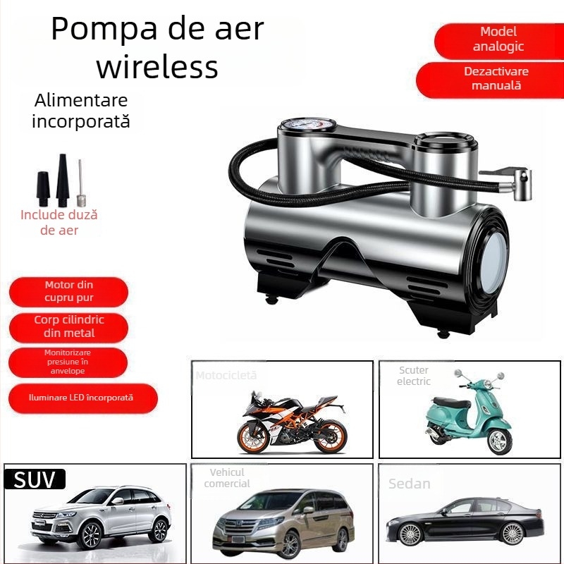 Pompă de aer auto, fără fir, multifuncțională, puternică, portabilă, cu afișaj digital, 120 W, construcție cu două sau mai multe cilindri, lumină de avertizare, timp de funcționare continuu 1–5 minute
