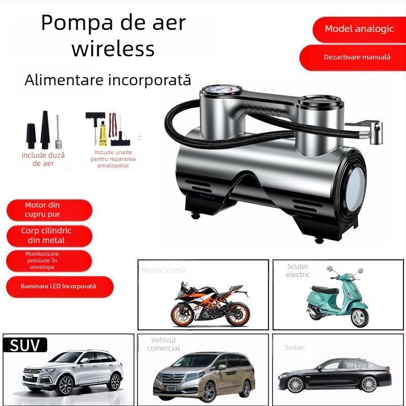 Pompă de aer auto, fără fir, multifuncțională, puternică, portabilă, cu afișaj digital, 120 W, construcție cu două sau mai multe cilindri, lumină de avertizare, timp de funcționare continuu 1–5 minute