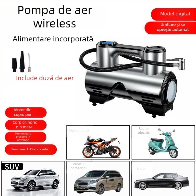 Pompă de aer auto, fără fir, multifuncțională, puternică, portabilă, cu afișaj digital, 120 W, construcție cu două sau mai multe cilindri, lumină de avertizare, timp de funcționare continuu 1–5 minute