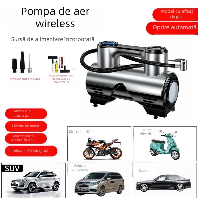 Pompă de aer auto, fără fir, multifuncțională, puternică, portabilă, cu afișaj digital, 120 W, construcție cu două sau mai multe cilindri, lumină de avertizare, timp de funcționare continuu 1–5 minute