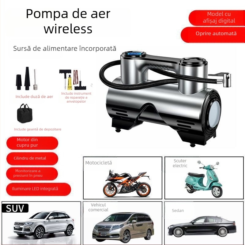 Pompă de aer auto, fără fir, multifuncțională, puternică, portabilă, cu afișaj digital, 120 W, construcție cu două sau mai multe cilindri, lumină de avertizare, timp de funcționare continuu 1–5 minute