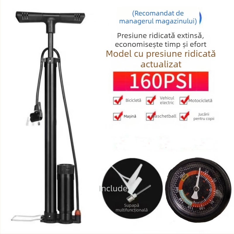 Pompa manuală de înaltă presiune Qianli pentru bicicletă – corp din fier, presiune maximă 12 MPa, include ac de aer cu trei gheare