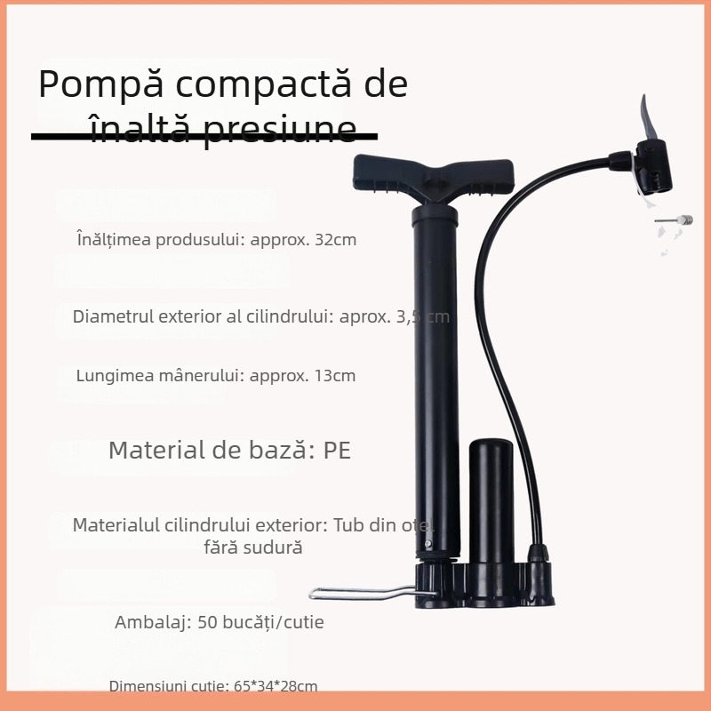 Pompa manuală de înaltă presiune Qianli pentru bicicletă – corp din fier, presiune maximă 12 MPa, include ac de aer cu trei gheare