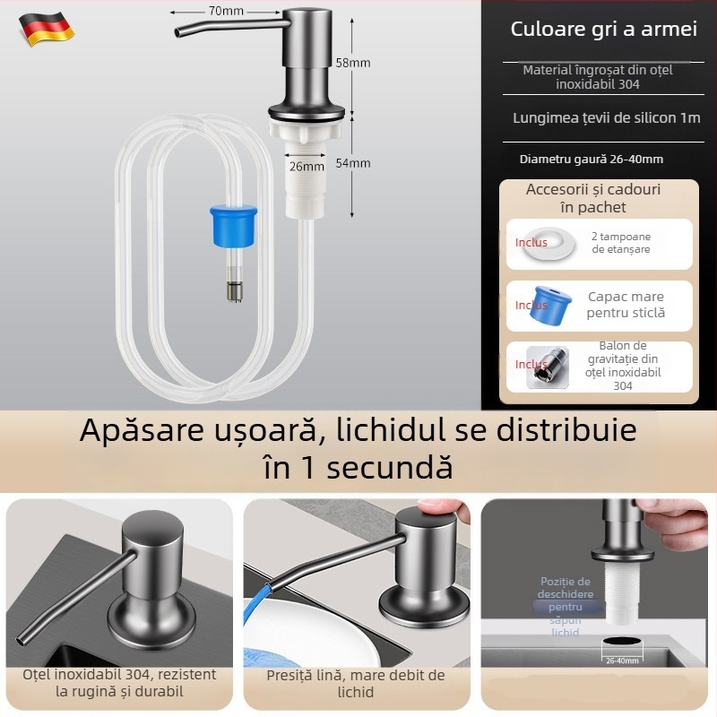 Dozator de săpun pentru chiuvetă cu tub de extindere, din oțel inoxidabil, pompă operată manual, finisaj vopsit la cuptor, stil modern minimalist