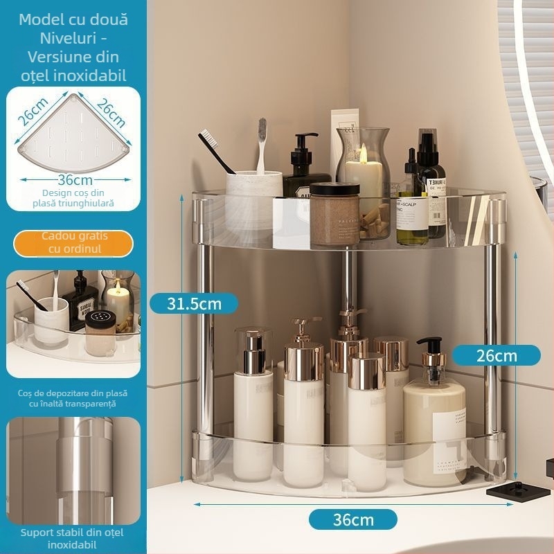 Raft de colț din plastic, 2 etaje, pentru bucătărie și baie — sprijinit pe podea, suprafață tratată prin pulverizare de plastic, certificat CE, capacitate de încărcare 2–5 kg