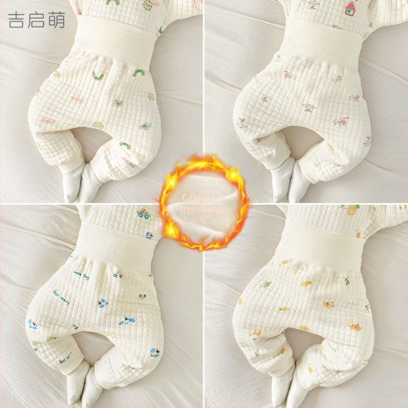 Pantaloni unisex de iarnă pentru bebeluși, talie înaltă pentru protecția abdomenului, căptuțiți cu 100% bumbac, calzi pentru 1–3 ani