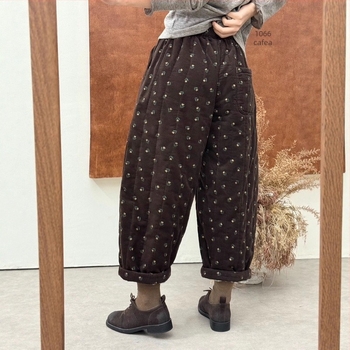 Pantaloni dama corduroy cu imprimeu din bumbac, croială lejeră stil harem, talie elastică, căptușeală quilted, iarnă 2025