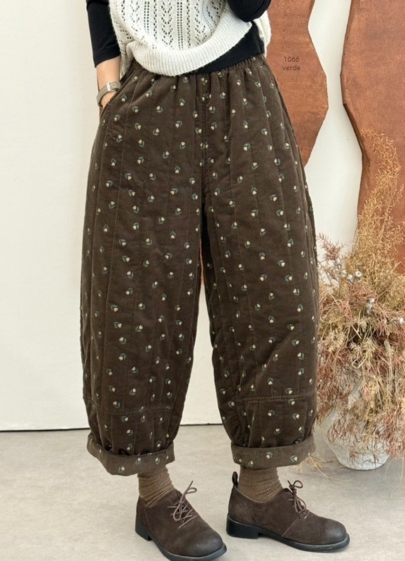 Pantaloni dama corduroy cu imprimeu din bumbac, croială lejeră stil harem, talie elastică, căptușeală quilted, iarnă 2025