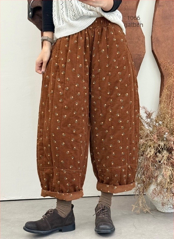 Pantaloni dama corduroy cu imprimeu din bumbac, croială lejeră stil harem, talie elastică, căptușeală quilted, iarnă 2025