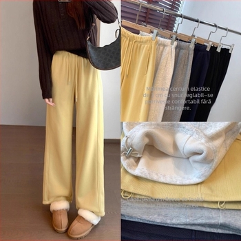 Pantaloni de trening cu talie elastică, amestec bumbac-poliester, căptușeală fleece, croială dreaptă, toamna 2025, stil casual leisure