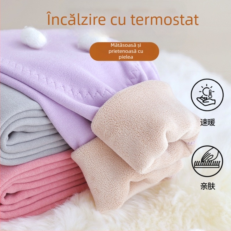 Colanți termici pentru copii, 90% poliester, textură cașmir, căptușiți cu fleece, talie înaltă, pentru toamnă–iarnă, protecție la genunchi
