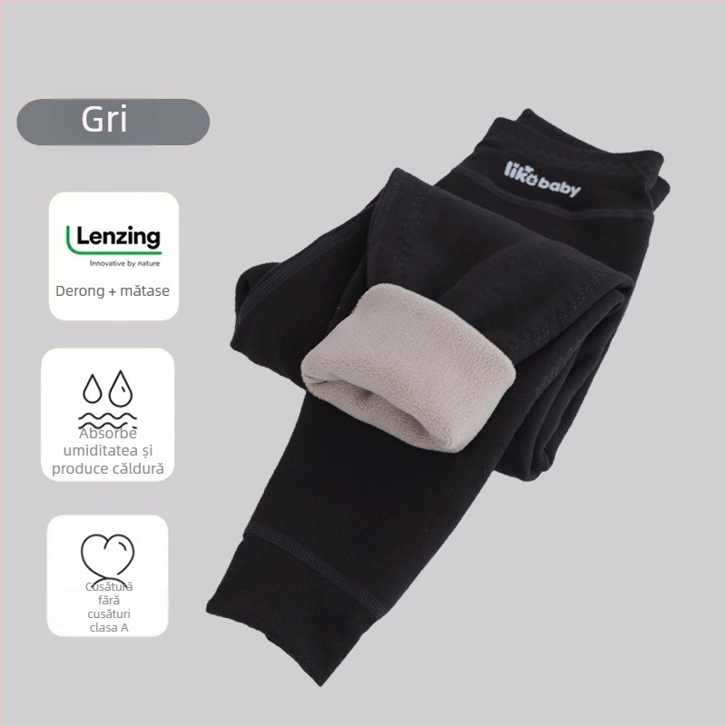 Colanți termici pentru copii, 90% poliester, textură cașmir, căptușiți cu fleece, talie înaltă, pentru toamnă–iarnă, protecție la genunchi