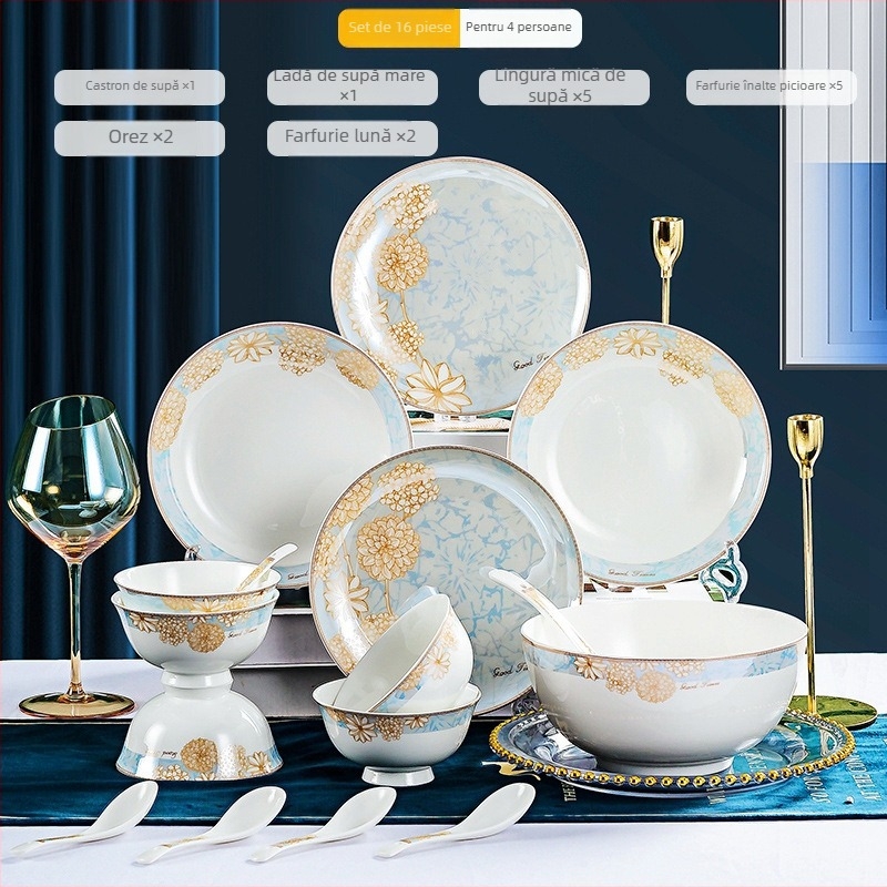 Set de farfurii și boluri din porțelan osos, stil elegant-lejer, model floral, formă rotundă, compatibil cu microunde, logo imprimat