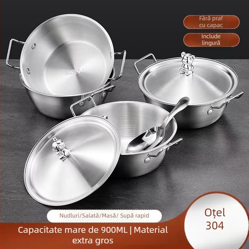 Vas pentru tăiței instant din oțel inoxidabil 304 cu capac, mânere dube în formă de urs, utilizare duală, portabil pentru cămine