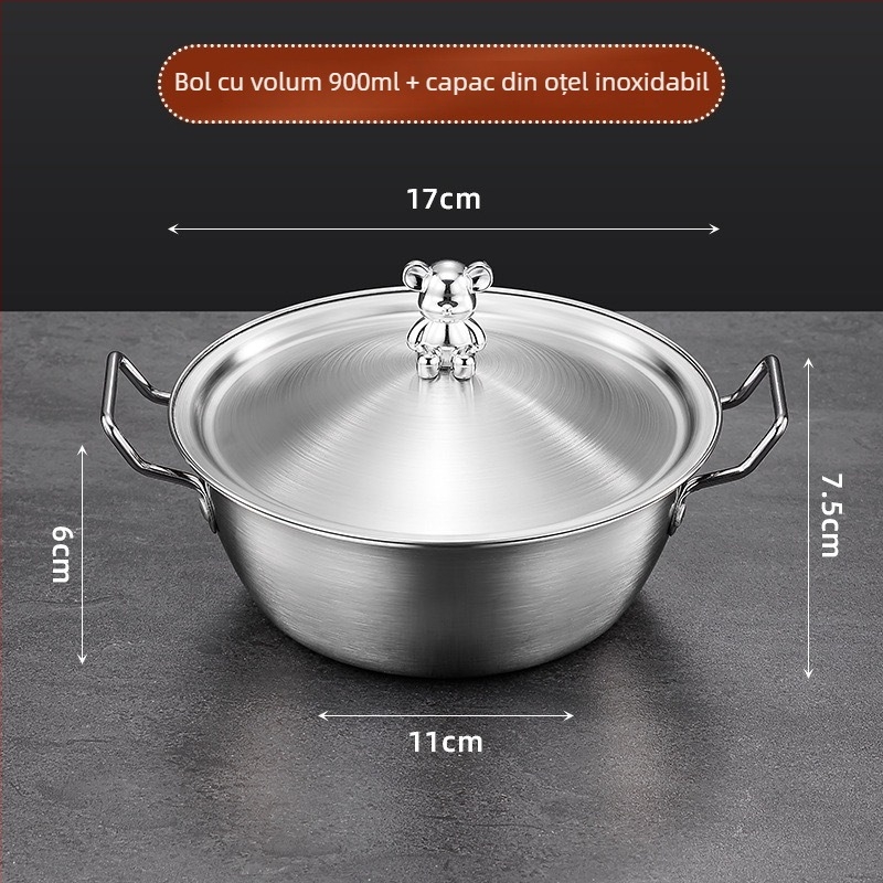 Vas pentru tăiței instant din oțel inoxidabil 304 cu capac, mânere dube în formă de urs, utilizare duală, portabil pentru cămine