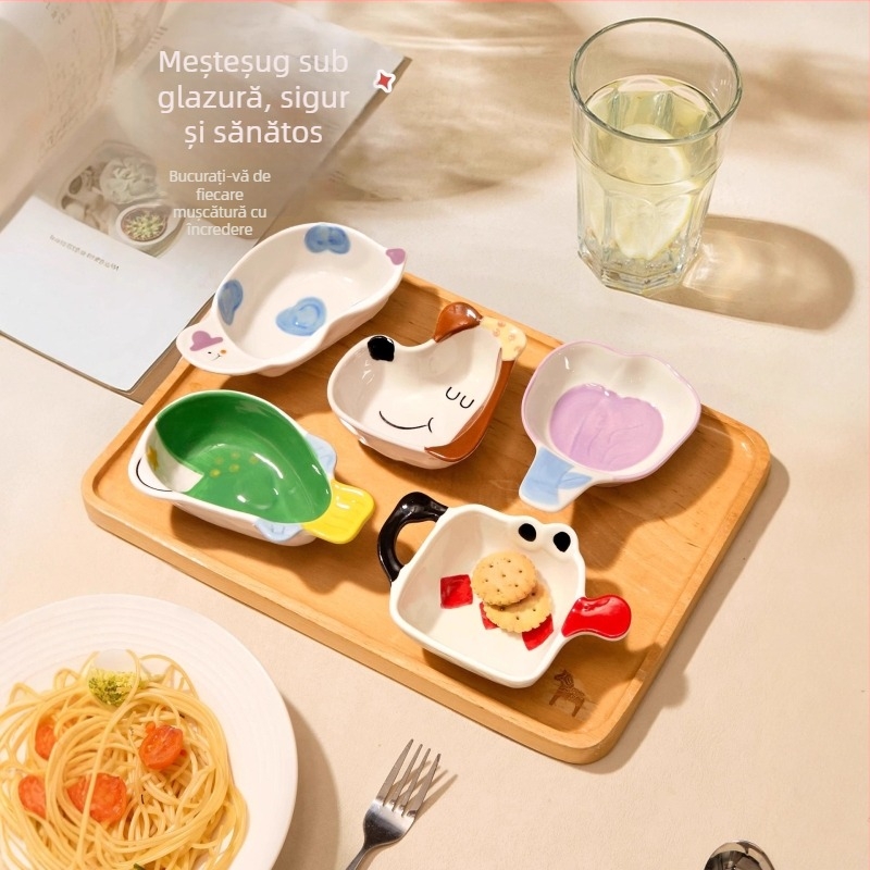 Farfurie ceramică pentru dipuri - formă neregulată, model desen animat, stil drăguț, compatibilă cu microunde