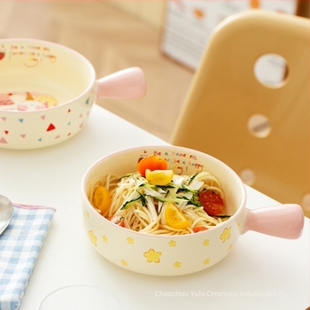 Bol ceramic Island Deer cu mâner drăguț de desene animate – compatibil cu microunde, formă rotundă