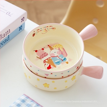Bol ceramic Island Deer cu mâner drăguț de desene animate – compatibil cu microunde, formă rotundă