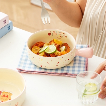 Bol ceramic Island Deer cu mâner drăguț de desene animate – compatibil cu microunde, formă rotundă