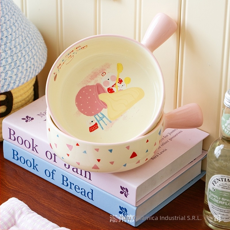 Bol ceramic Island Deer cu mâner drăguț de desene animate – compatibil cu microunde, formă rotundă