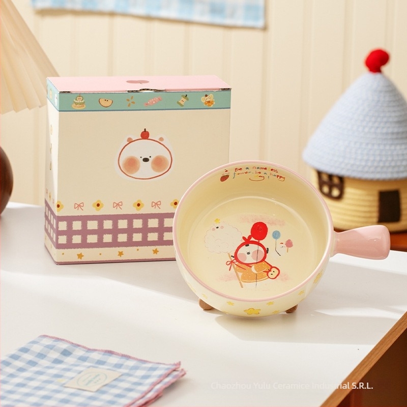 Bol ceramic Island Deer cu mâner drăguț de desene animate – compatibil cu microunde, formă rotundă