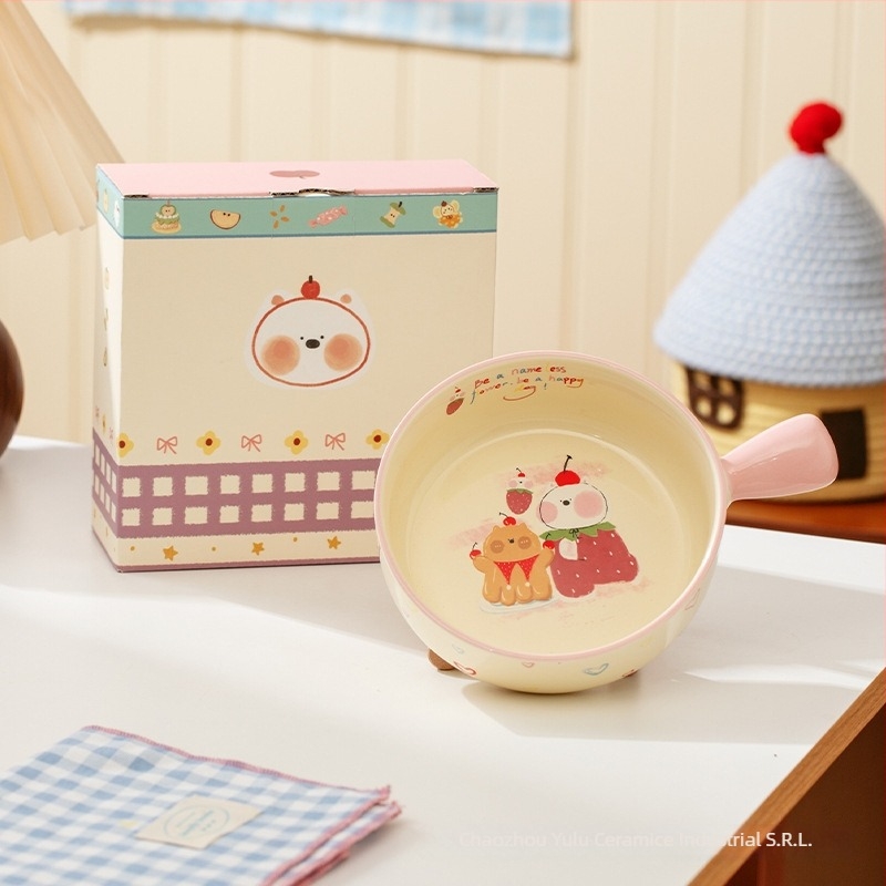 Bol ceramic Island Deer cu mâner drăguț de desene animate – compatibil cu microunde, formă rotundă