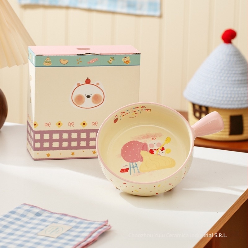 Bol ceramic Island Deer cu mâner drăguț de desene animate – compatibil cu microunde, formă rotundă