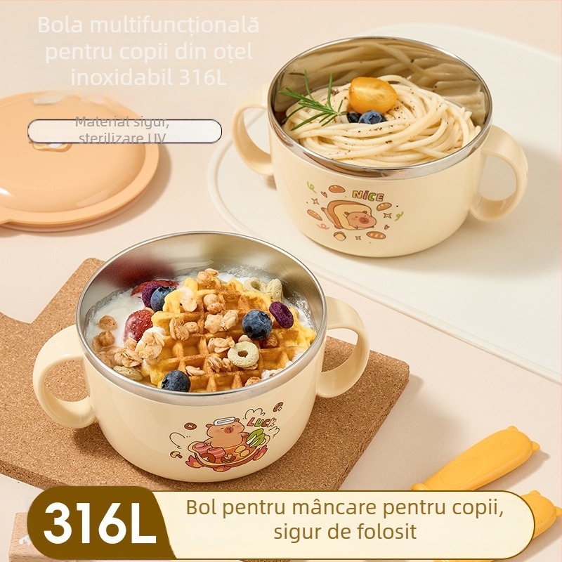 Vas pentru copii din oțel inoxidabil 316, de calitate alimentară, cu capac, protecție împotriva arderii, compatibil cu cuptorul cu microunde