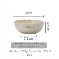 Bol şi farfurie din porțelan, cu model dantelat de bujor (peonie), formă rotundă, pictură manuală, compatibil cu microunde