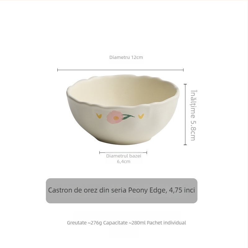 Bol şi farfurie din porțelan, cu model dantelat de bujor (peonie), formă rotundă, pictură manuală, compatibil cu microunde