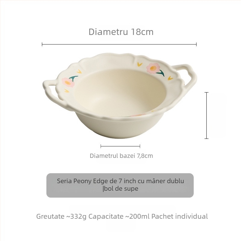 Bol şi farfurie din porțelan, cu model dantelat de bujor (peonie), formă rotundă, pictură manuală, compatibil cu microunde