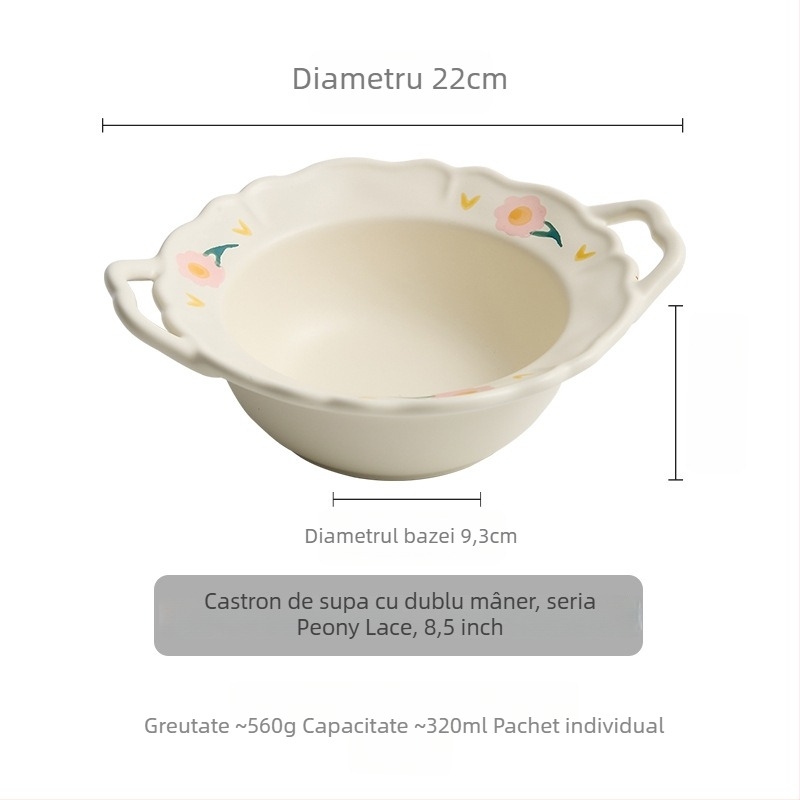 Bol şi farfurie din porțelan, cu model dantelat de bujor (peonie), formă rotundă, pictură manuală, compatibil cu microunde