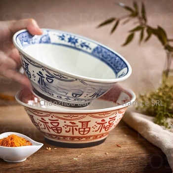 Bairunj bol ramen porțelan cu model sub glazură, noroc bun, design cu picioare înalte, stil modern minimalist, compatibil cu microunde