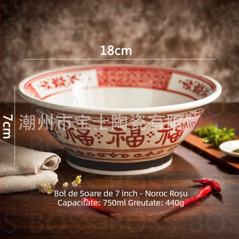 Bairunj bol ramen porțelan cu model sub glazură, noroc bun, design cu picioare înalte, stil modern minimalist, compatibil cu microunde