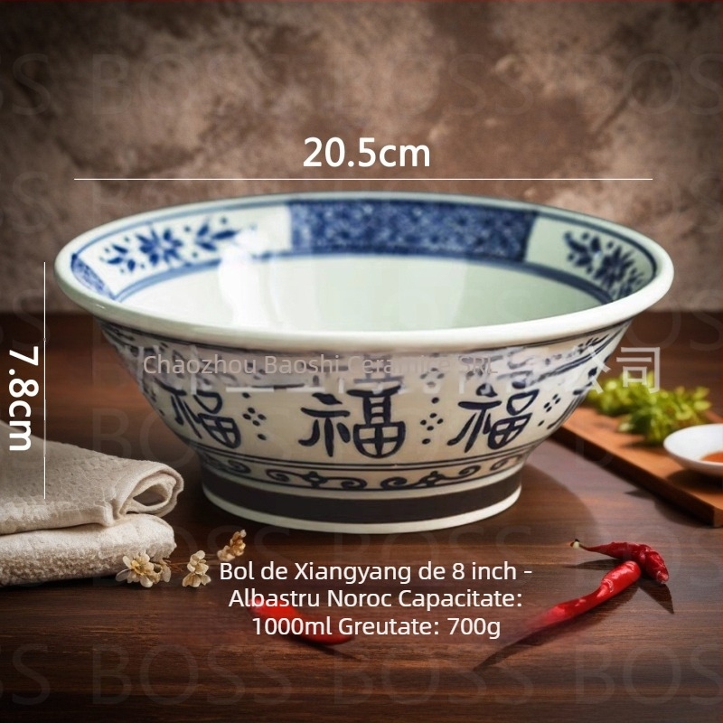 Bairunj bol ramen porțelan cu model sub glazură, noroc bun, design cu picioare înalte, stil modern minimalist, compatibil cu microunde